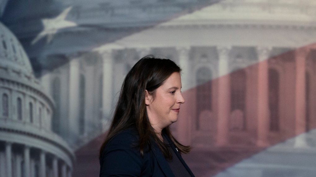 Republican conference chair Rep. Elise Stefanik, R-N.Y., arrives to speak with reporters during a news conference on Capitol Hill, Wednesday, Nov. 3, 2021, in Washington. (AP Photo/Alex Brandon)
