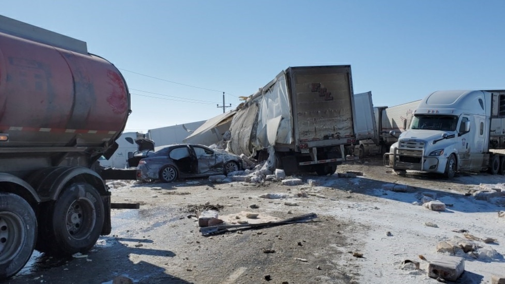 Crash involving 20 trucks closes part of Trans-Canada Highway in Man., sends three people to hospital