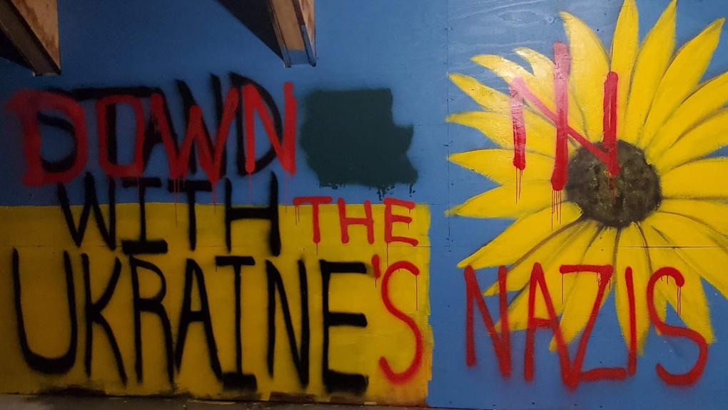 Metro Vancouver 'Stand with Ukraine' mural vandalized with pro-Russia graffiti