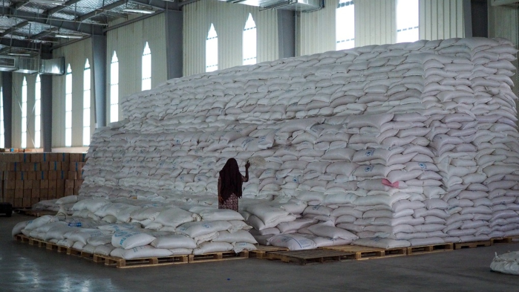 A worker walks next to a pile of sacks of food earmarked for the Tigray and Afar regions in a warehouse of the World Food Programme (WFP) in Semera, the regional capital for the Afar region, in Ethiopia on Feb. 21, 2022. (AP) 