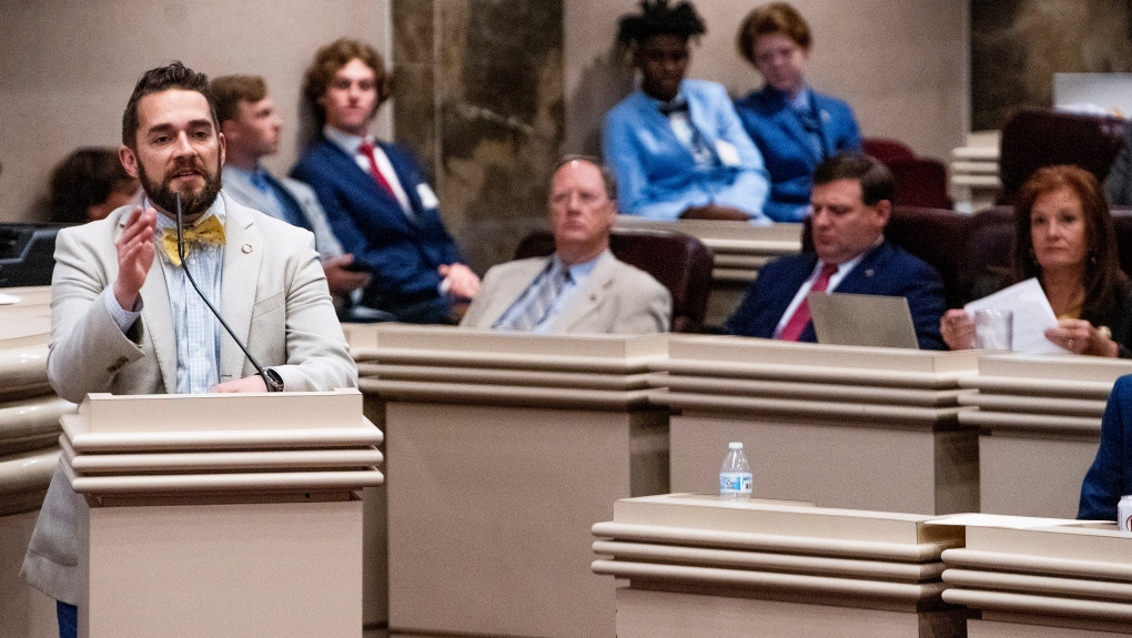 State Rep. Neil Rafferty, the only openly gay member of the Alabama Legislature, speaks during a debate on transgender youth bills during a legislative session in Montgomery, Ala., on Thursday, April 7, 2022. (Mickey Welsh/The Montgomery Advertiser via AP)