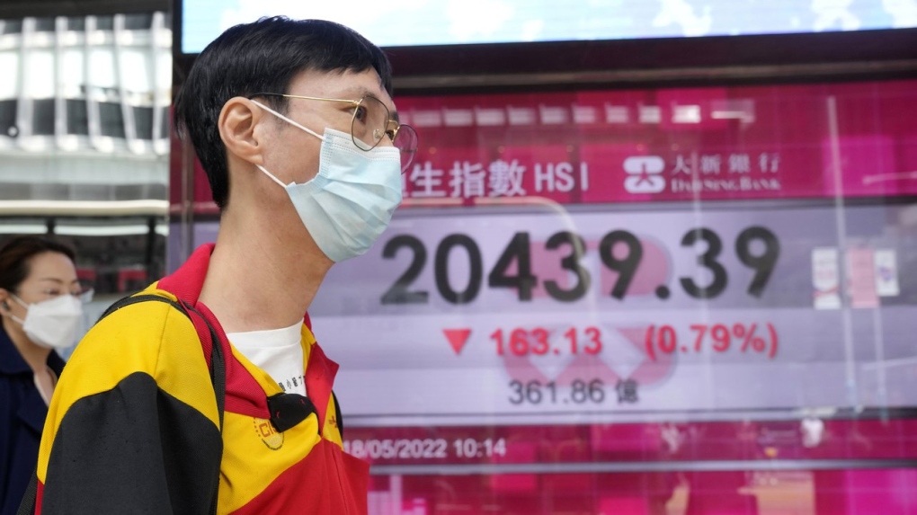 A man wearing a face mask walks past a bank's electronic board showing the Hong Kong share index in Hong Kong, May 18, 2022. (AP Photo/Kin Cheung)