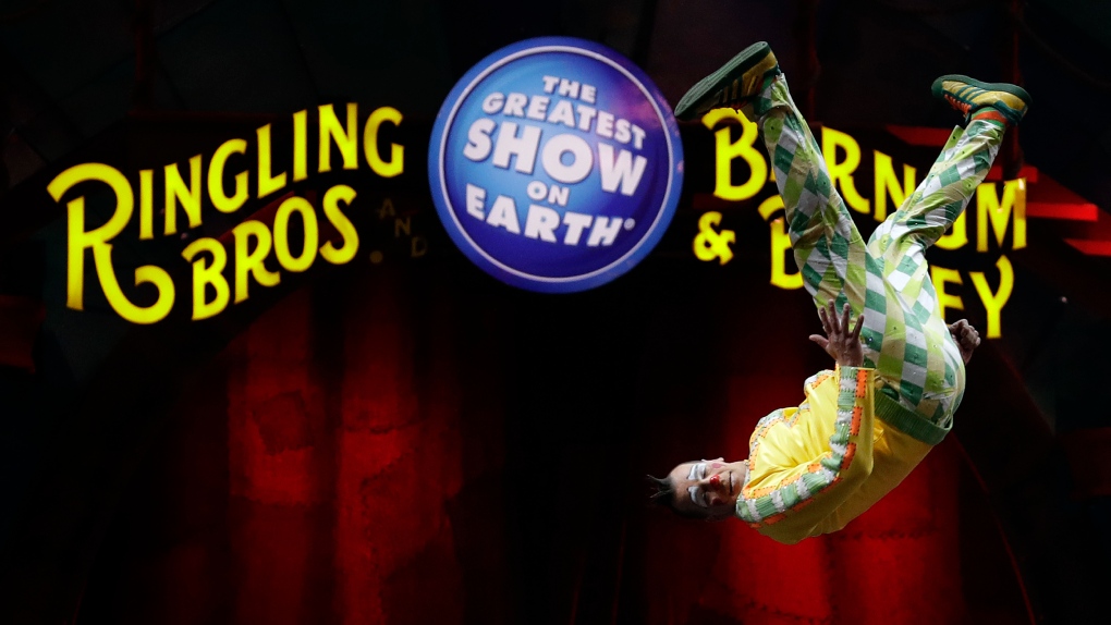 A Ringling Bros. and Barnum & Bailey clown does a somersault during a performance Saturday, Jan. 14, 2017, in Orlando, Fla.  (AP Photo/Chris O'Meara, File)