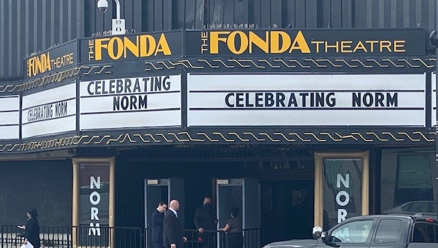 At the Fonda Theatre, a block down from the Walk of Stars from Hollywood and Vine, the marquee read: “Celebrating Norm.” On the two windows adjacent the entrance, N-O-R-M was spelled out vertically in black letters. (Joyce Napier/CTV News)