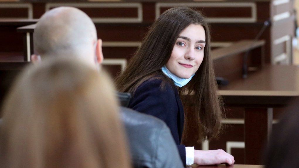 Sofia Sapega waiting for a court hearing in Grodno, Belarus, on May 6, 2022. (Leonid Shcheglov / Pool via AP) 