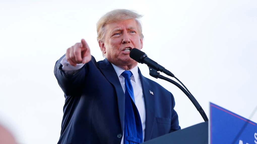 Former U.S. President Donald Trump speaks at a rally at the Delaware County Fairgrounds, Saturday, April 23, 2022, in Delaware, Ohio, to endorse Republican candidates ahead of the Ohio primary on May 3. (AP Photo/Joe Maiorana)