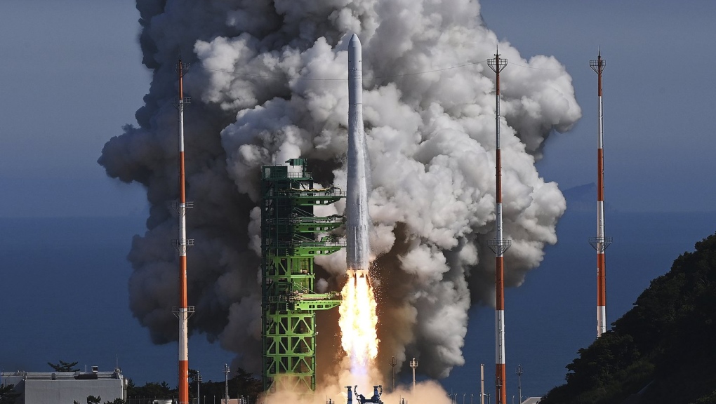 The Nuri rocket, South Korea's first domestically produced space rocket, lifts off from a launch pad at the Naro Space Center in Goheung, South Korea, June 21, 2022. (Korea Pool/Yonhap via AP)