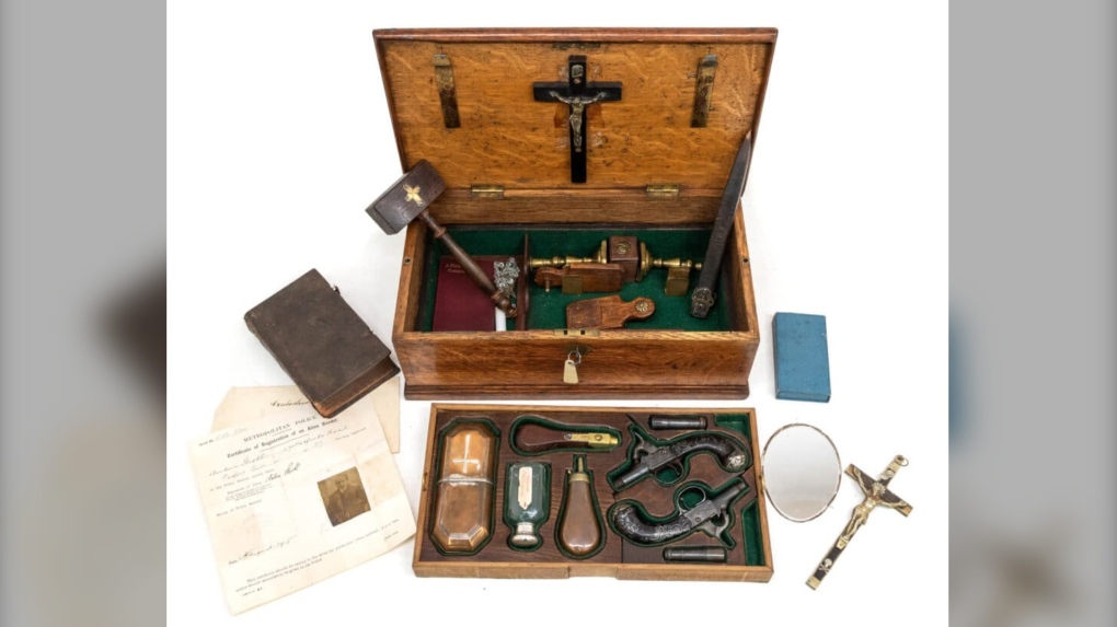 A late 19th century vampire-slaying box kit, which sold on Thursday for £13,000 (US$15,736.49), belonged to Lord William Malcolm Hailey (1872-1969), a British peer and former administrator of British India, Hansons Auctioneers said in a news release. (Hansons Auctioneers and Valuers Ltd)