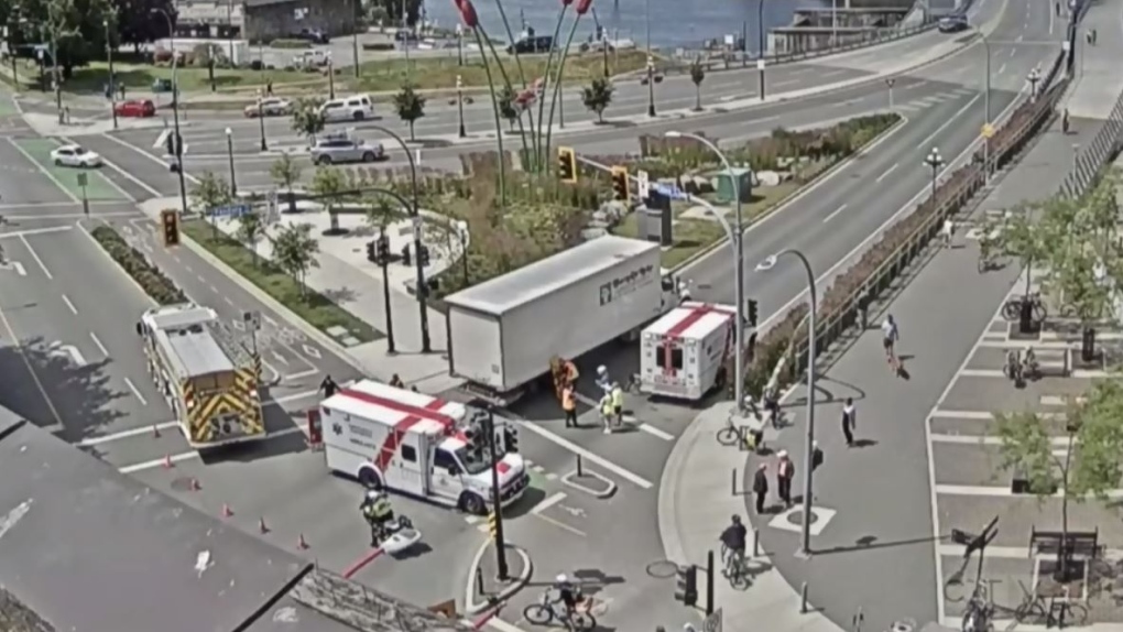 Cyclist rushed to hospital after being struck by truck in downtown Victoria