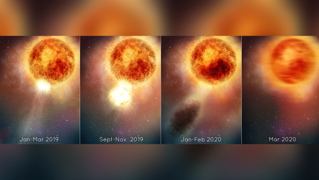 This illustration depicts the eruption that caused red supergiant star Betelgeuse to dim mysteriously. (NASA, ESA, Elizabeth Wheatley (STScI)/CNN)
