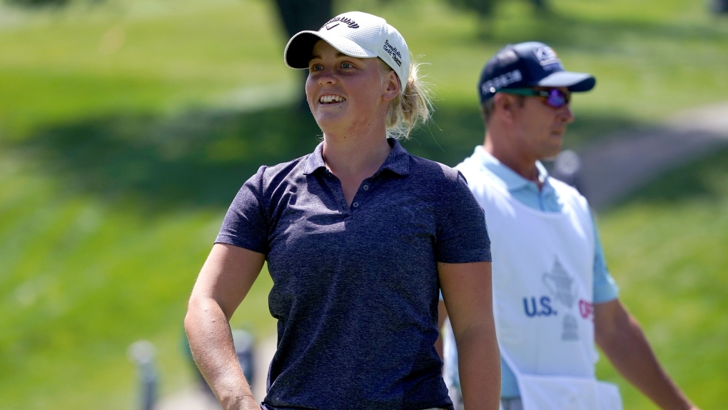 Maja Stark, of Sweden, smiles after her putt on the sixth green during the third round of the U.S. Women's Open golf tournament at The Olympic Club, Saturday, June 5, 2021, in San Francisco. (AP Photo/Jeff Chiu)