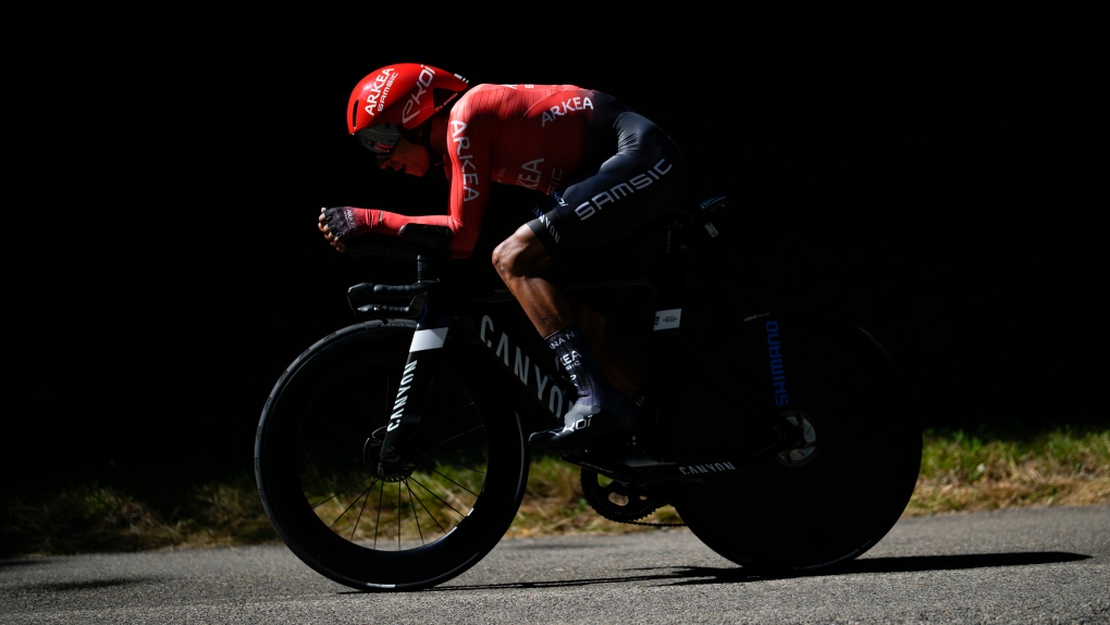 Colombia's Nairo Quintana competes during the twentieth stage of the Tour de France cycling race, an individual time trial over 40.7 kilometres with start in Lacapelle-Marival and finish in Rocamadour, France, Saturday, July 23, 2022. (AP Photo/Daniel Cole)