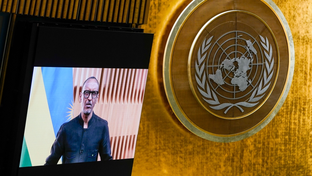 Rwanda's President Paul Kagame is seen on a video screen as addresses the 76th Session of the United Nations General Assembly remotely, Tuesday, Sept. 21, 2021 at U.N. headquarters. (AP Photo/Mary Altaffer, Pool)