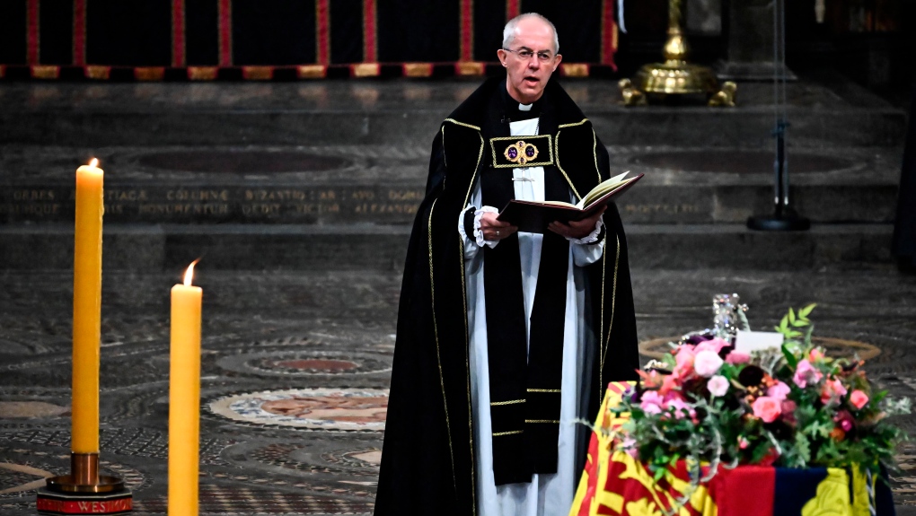 The Archbishop of Canterbury Justin Welby gives a reading at the funeral of Queen Elizabeth II in Westminster Abbey in central London, Monday Sept. 19, 2022. The Queen, who died aged 96 on Sept. 8, will be buried at Windsor alongside her late husband, Prince Philip, who died last year. (Ben Stansall/Pool via AP)