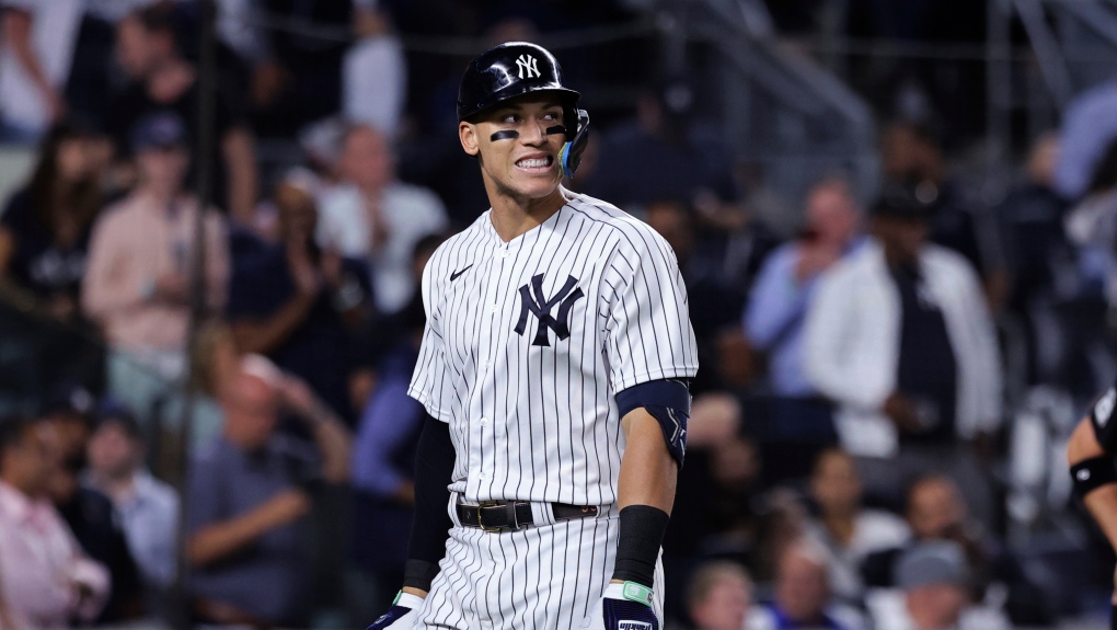 New York Yankees' Aaron Judge reacts after striking out against the Pittsburgh Pirates during the sixth inning of a baseball game, Sept. 20, 2022, in New York. (AP Photo/Jessie Alcheh)