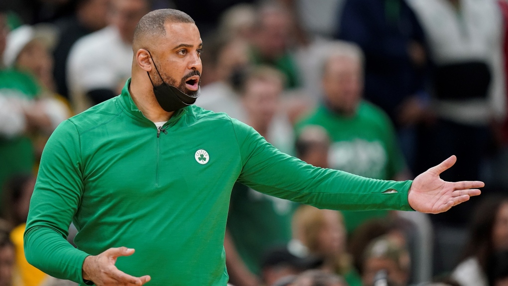 Boston Celtics coach Ime Udoka reacts during the fourth quarter of Game 6 of basketball's NBA Finals against the Golden State Warriors, June 16, 2022, in Boston. (AP Photo/Steven Senne) 