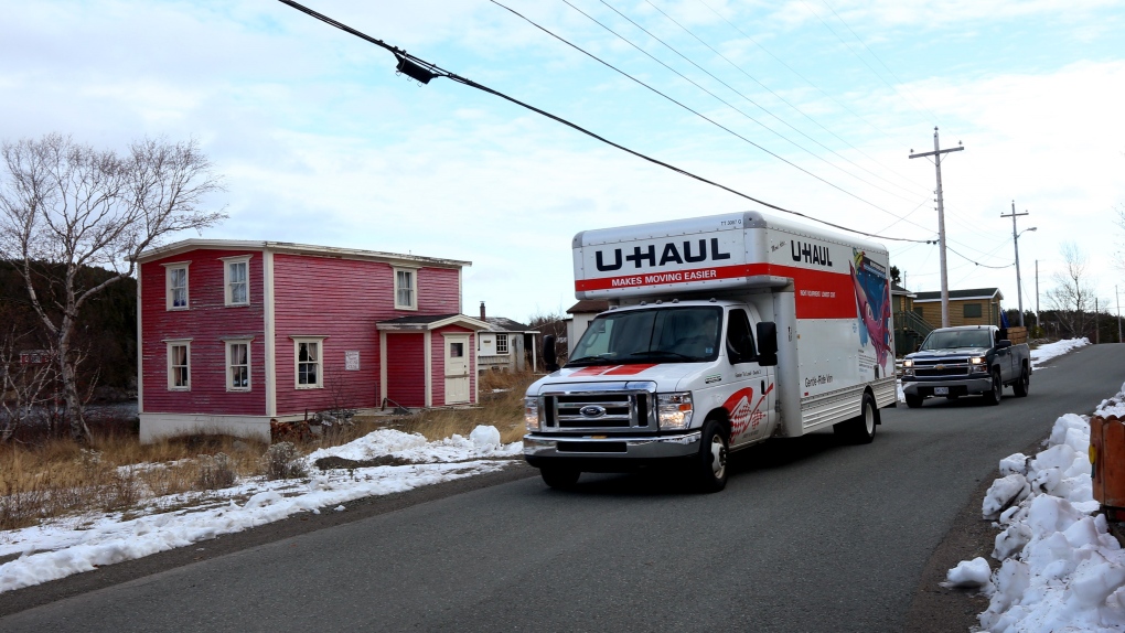 A U-Haul van is seen in the community of Little Bay Islands, N.L. on Friday, November 15, 2019 as residents prepare to leave. THE CANADIAN PRESS/Paul Daly