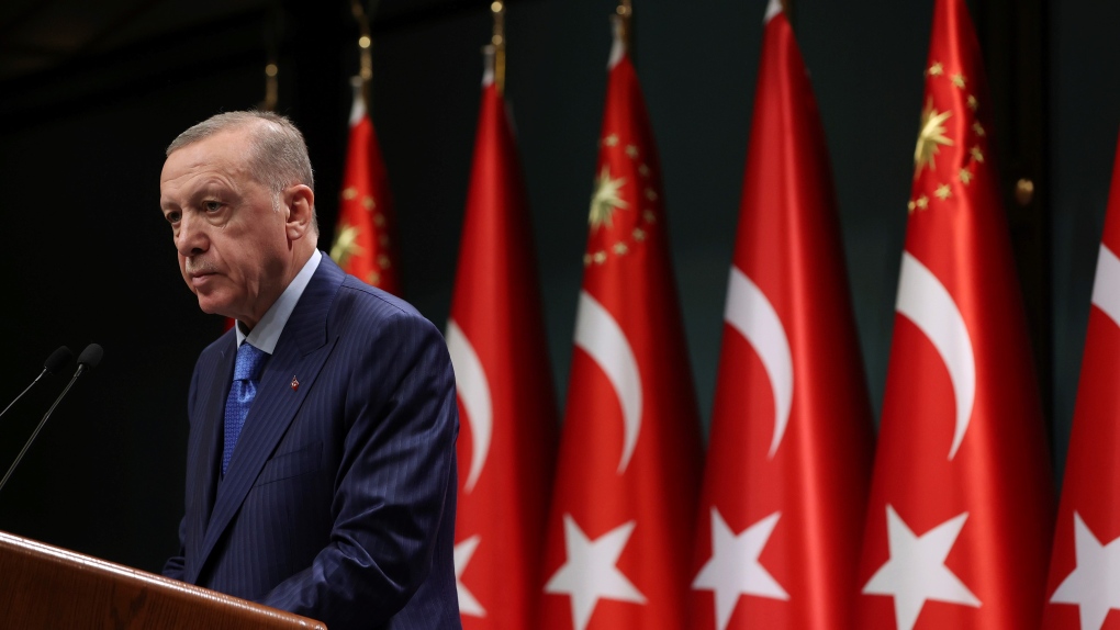 Turkiye’s President Recep Tayyip Erdogan talks after a cabinet meeting in Ankara Monday, Jan. 23, 2023. (Turkish Presidency via AP)
