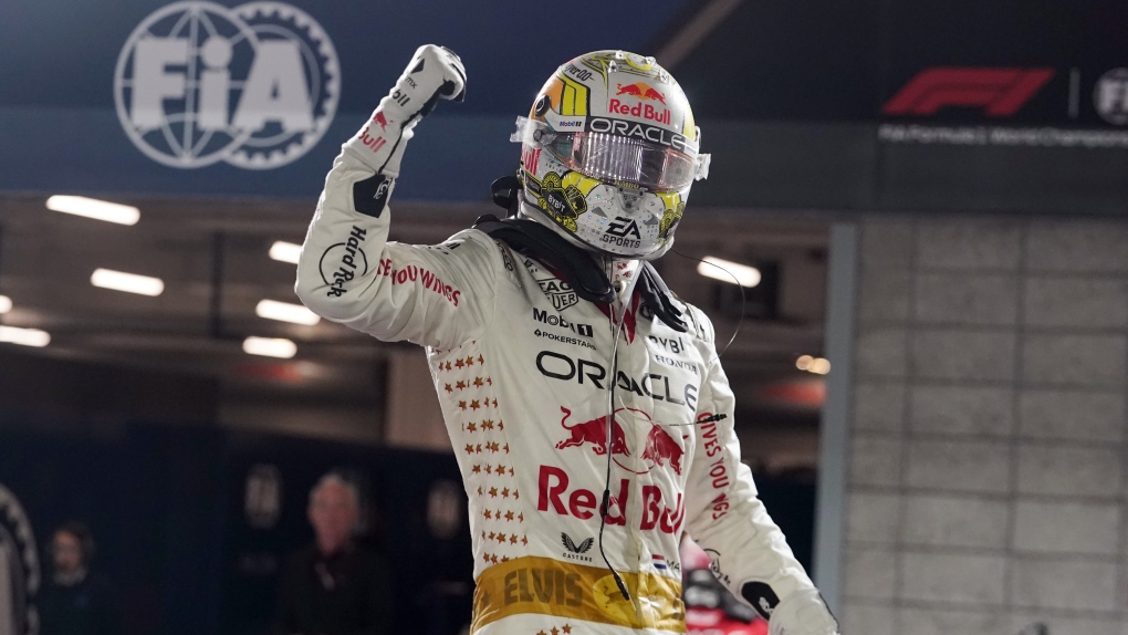 Red Bull driver Max Verstappen, of the Netherlands, celebrates after winning the Formula One Las Vegas Grand Prix auto race, Saturday, Nov. 18, 2023, in Las Vegas. (AP Photo/Darron Cummings)