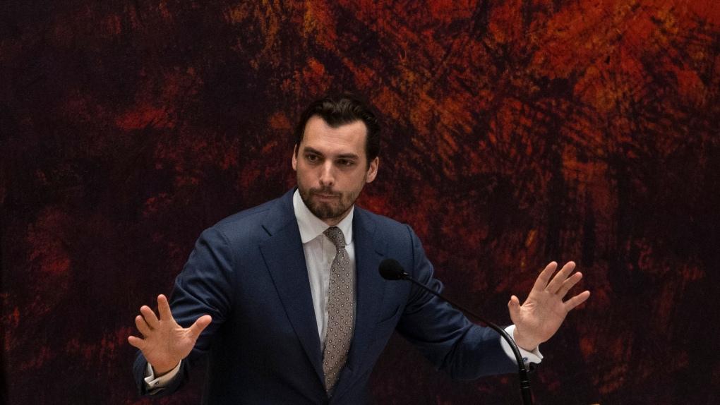Thierry Baudet, leader of right-wing populist party Forum for Democracy, speeches during the debate in parliament in The Hague, Netherlands, Thursday, April 1, 2021. (AP Photo/Peter Dejong)