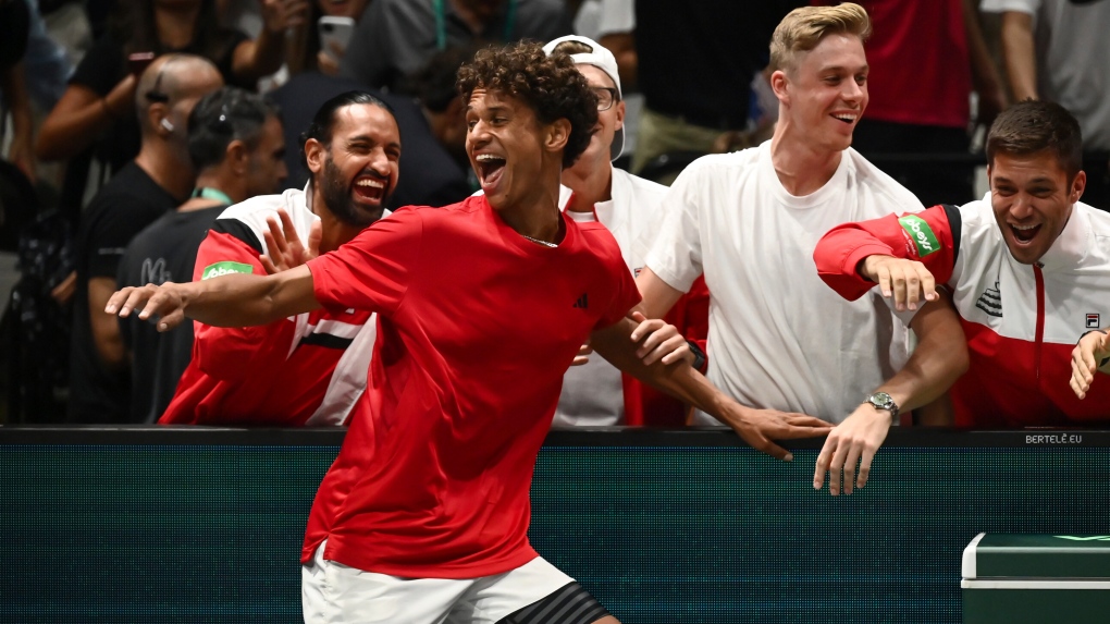 Canada's Gabriel Diallo celebrates his victory against Sweden's Elias Ymer during their Davis Cup group stage tennis match at the Unipol Arena, Bologna, Italy, Thursday, Sept. 14. 2023. Canada will host South Korea in a to-be-determined location in the 2024 Davis Cup tennis qualifiers from Feb. 2-4.THE CANADIAN PRESS-Massimo Paolone/LaPresse via AP