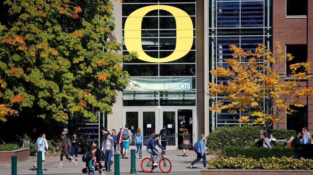 The University of Oregon campus is shown, in Eugene, Ore., Oct. 6, 2017. Thirty-two female athletes filed a lawsuit against the University of Oregon, Friday, Dec. 1, 2023, that alleges the school is violating Title IX by not providing equal treatment and opportunities to women. (Andy Nelson/The Register-Guard via AP, File)