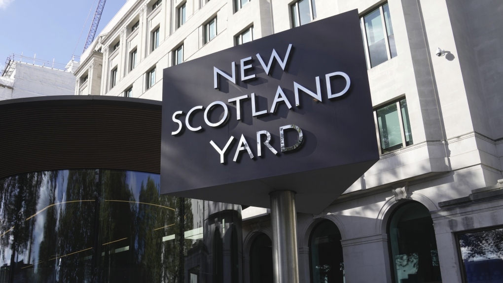 A sign outside New Scotland Yard, the headquarters of the London Metropolitan Police, in London, Monday, Sept. 25, 2023. (AP Photo/Kin Cheung/File)