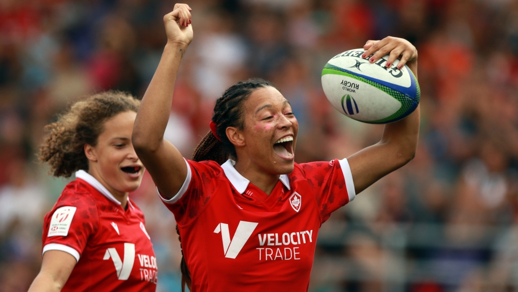 Team Canada's Asia Hogan-Rochester celebrates a try against Team Mexico’s during the women’s gold medal rugby game at the Rugby Sevens Paris 2024 Olympic qualification event at Starlight Stadium in Langford, B.C., on Sunday, August 20, 2023. THE CANADIAN PRESS/Chad Hipolito