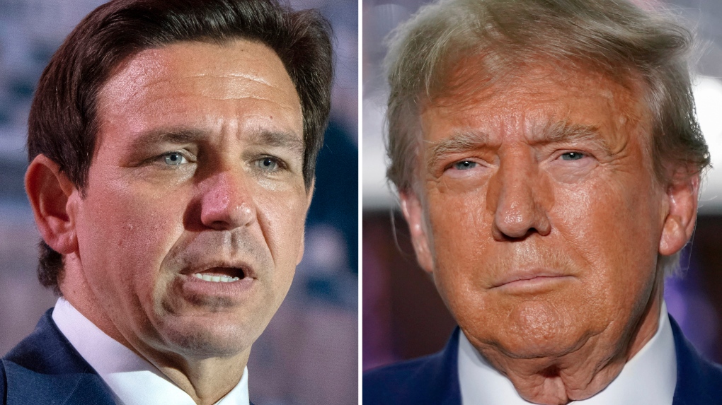 This combination of photos shows Republican presidential candidates Florida Gov. Ron DeSantis speaking at the Christians United For Israel (CUFI) Summit 2023 on July 17, 2023, in Arlington, Va., left, and former President Donald Trump speaking at Trump National Golf Club in Bedminster, N.J., June 13, 2023, right. (AP Photo, File)