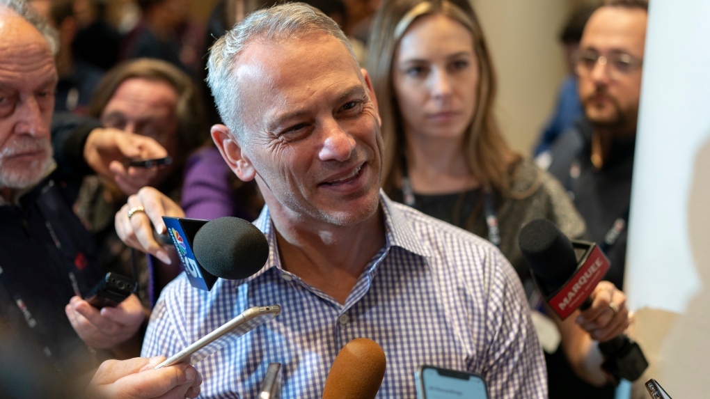 Chicago Cubs President of Baseball Operations Jed Hoyer responds to questions during the Major League Baseball winter meetings Tuesday, Dec. 5, 2023, in Nashville, Tenn. (AP Photo/George Walker IV)