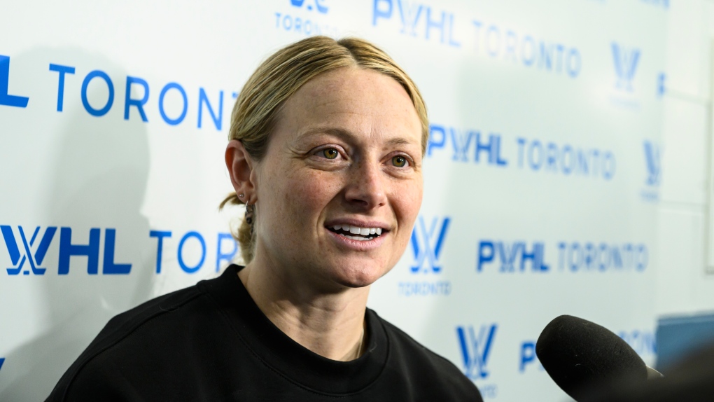 Renata Fast speaks to media following practice during the Professional Women's Hockey League’s training camp in Toronto, Friday, Nov., 17, 2023. THE CANADIAN PRESS/Christopher Katsarov