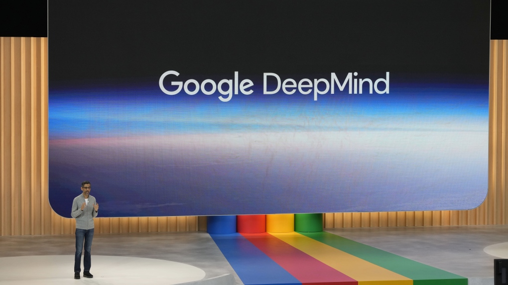 Alphabet CEO Sundar Pichai speaks about Google DeepMind at a Google I/O event in Mountain View, Calif., May 10, 2023. (AP Photo/Jeff Chiu, File)