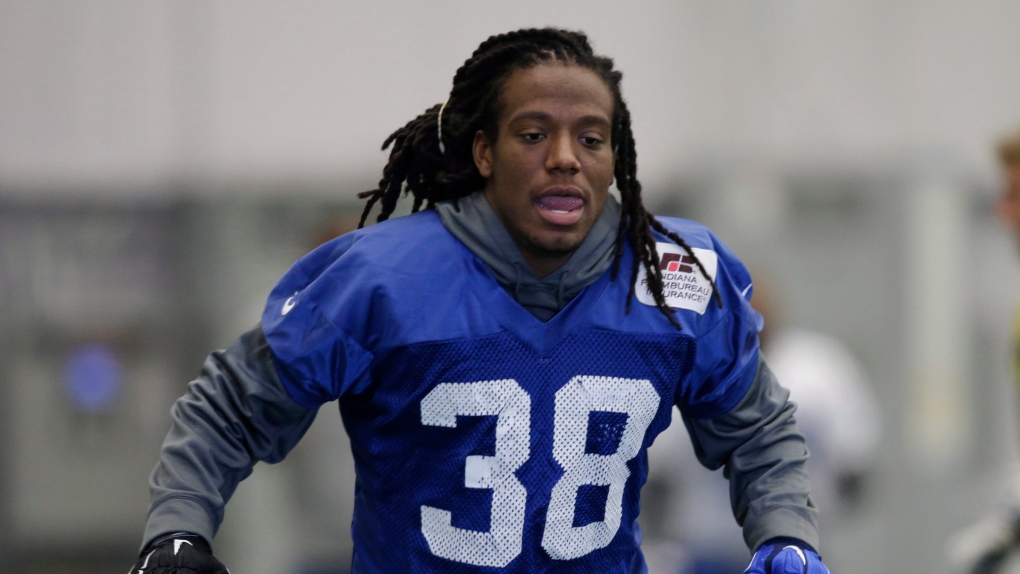 Indianapolis Colts' Sergio Brown (38) runs a drill as the team practiced at the NFL football team's practice facility Friday, Jan. 16, 2015, in Indianapolis. The Colts face the New England Patriots in Sunday's AFC Championship. (AP Photo/Darron Cummings)