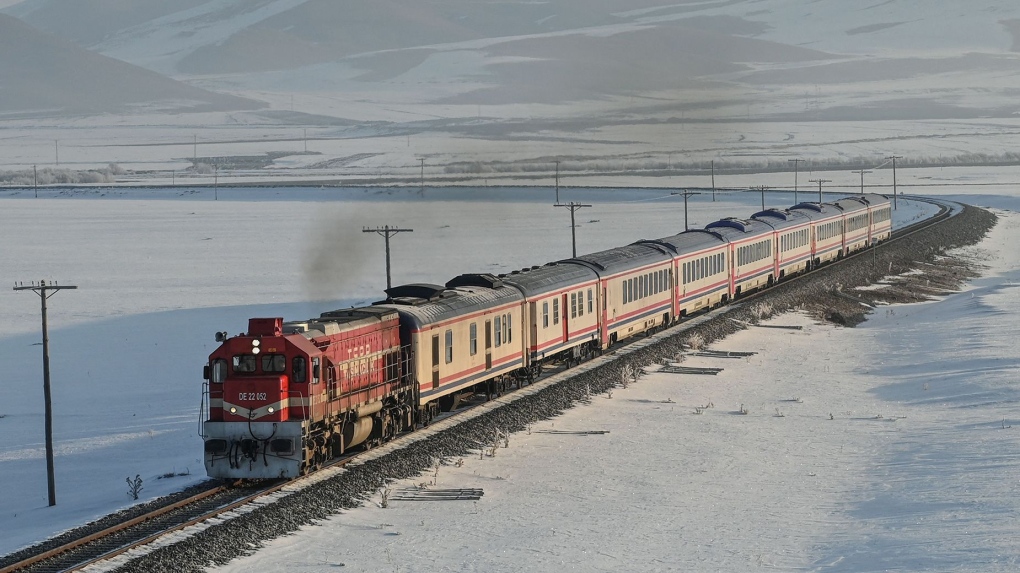 The train heads out over the vast expanse of Turkiye's eastern region. (Ozan Kose/AFP/Getty Images)
