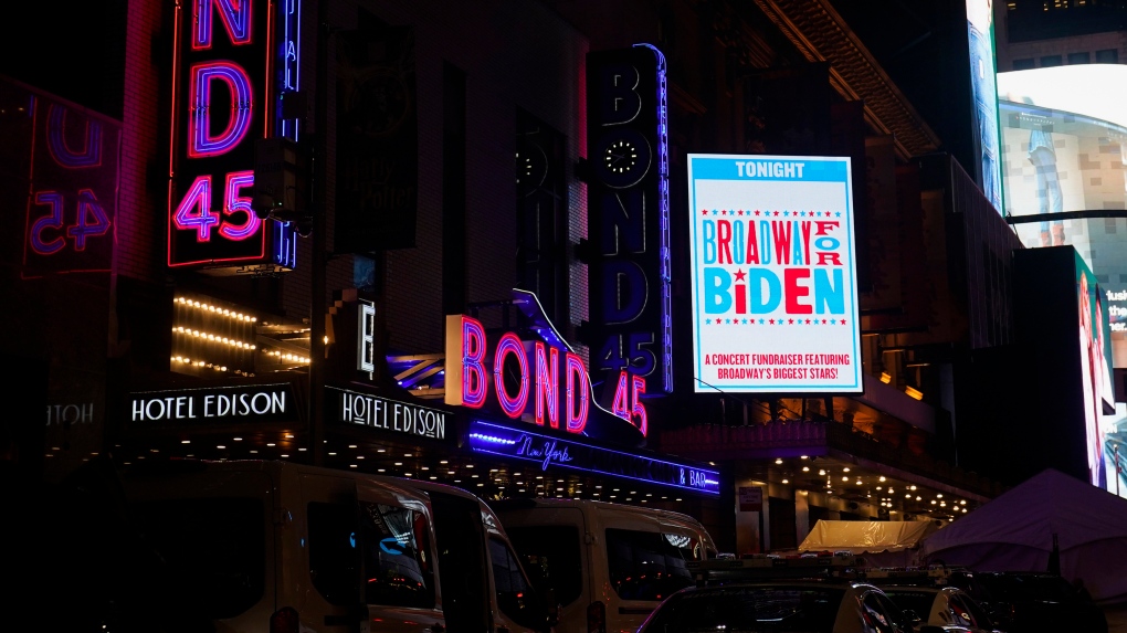 A marquee promoting a fundraiser with President Joe Biden is on display outside the Lunt-Fontanne Theatre in New York, Monday, Sept. 18, 2023. With an election year around the corner, Biden is accelerating his fundraising to prepare for an astronomically expensive campaign. (AP Photo/Susan Walsh, File)