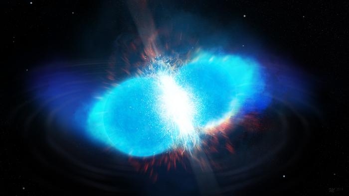 The merger of two neutron stars is among the leading candidate sites for synthesizing the heavier elements on the periodic table through the rapid-neutron-capture process. The image shows two neutron stars colliding to releasing neutrons that radioactive nuclei rapidly capture. The combination of neutron capture and radioactive decay produces subsequently heavier elements. The entire process is believed to happen in a single second. (Credit: Los Alamos National Laboratory (Matthew Mumpower)