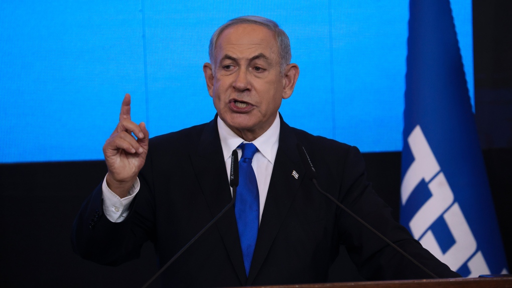 Benjamin Netanyahu speaks to his supporters after first exit poll results for the Israeli Parliamentary election at his party's headquarters in Jerusalem on Nov. 2, 2022. (AP Photo/Oren Ziv, File)