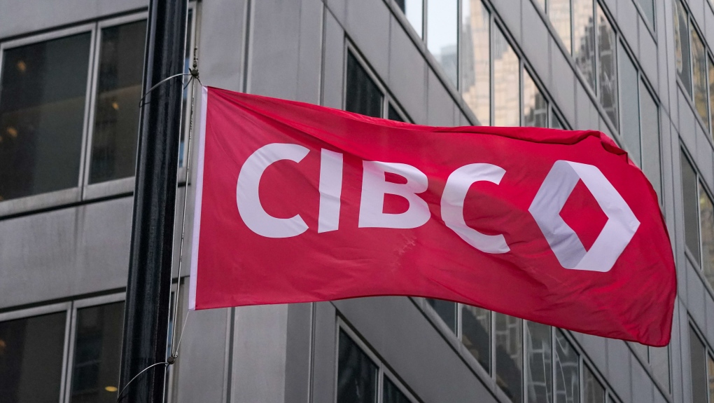 The new CIBC logo displayed the the lobby of its headquarters in Toronto on Monday, Oct. 25, 2021. THE CANADIAN PRESS/Evan Buhler