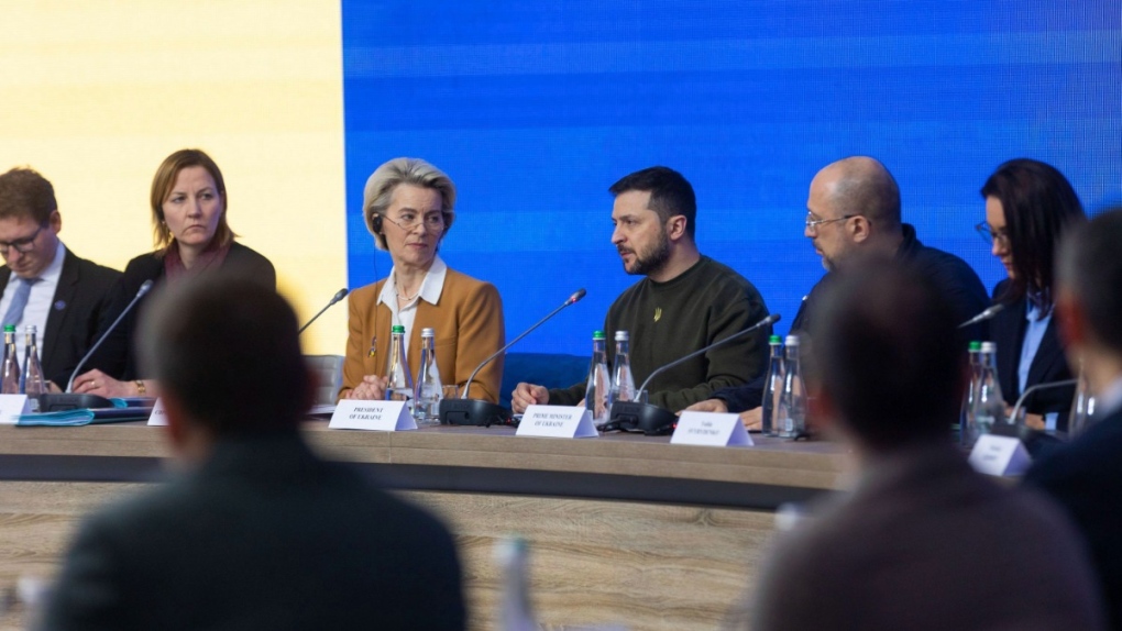 Ukrainian President Volodymyr Zelenskyy and European Commission President Ursula von der Leyen attend the EU-Ukraine summit in Kyiv, Ukraine, on Feb. 2, 2023. (Ukrainian Presidential Press Office via AP) 