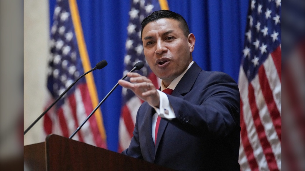 Indiana Secretary of State Diego Morales speaks after being sworn into office, Monday, Jan. 9, 2023, at the Indiana Statehouse in Indianapolis. (Jenna Watson/The Indianapolis Star via AP)