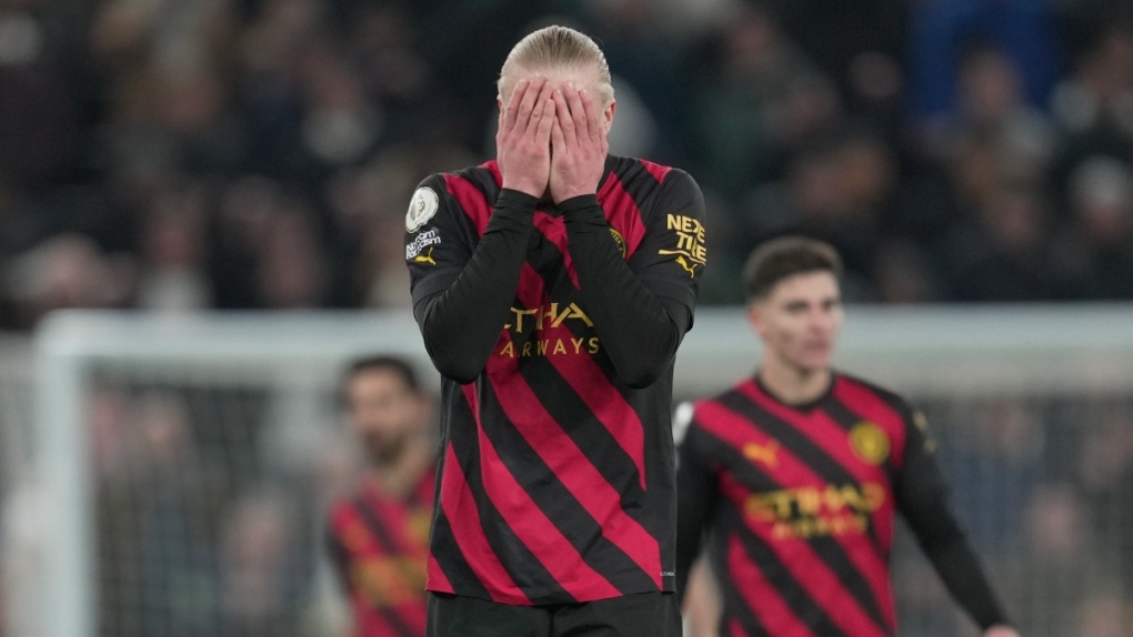 Manchester City's Erling Haaland reacts during an English Premier League soccer match at the Tottenham Hotspur Stadium in London, on Feb. 5, 2023. (Kin Cheung / AP) 
