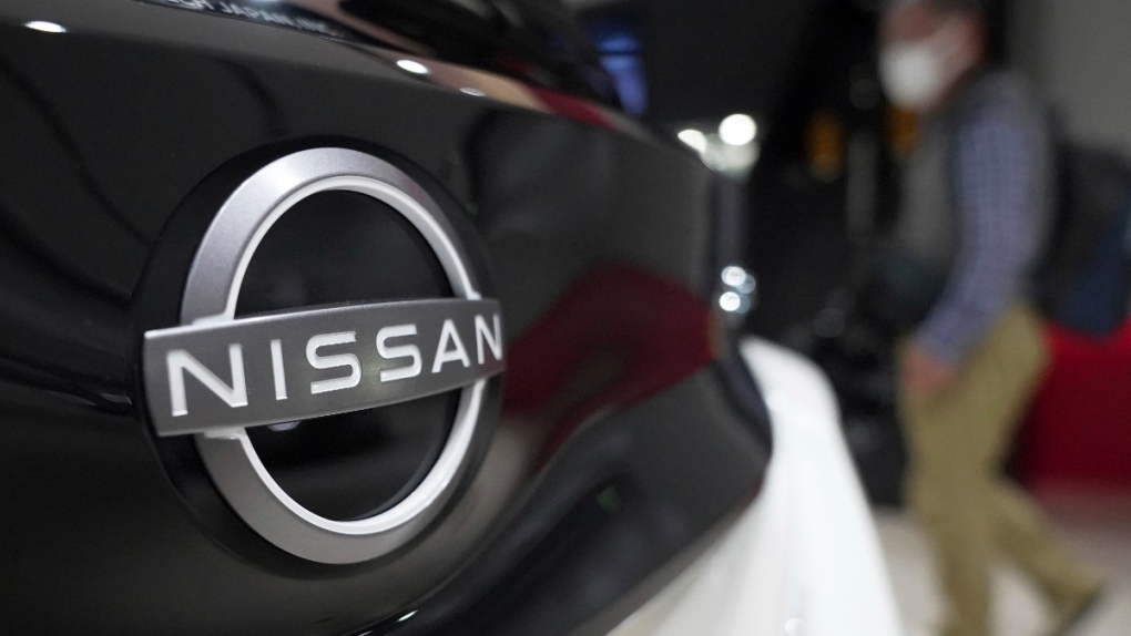 Nissan logo attached to a car at Nissan headquarters in Yokohama, Japan, on May 12, 2022. (Eugene Hoshiko / AP) 