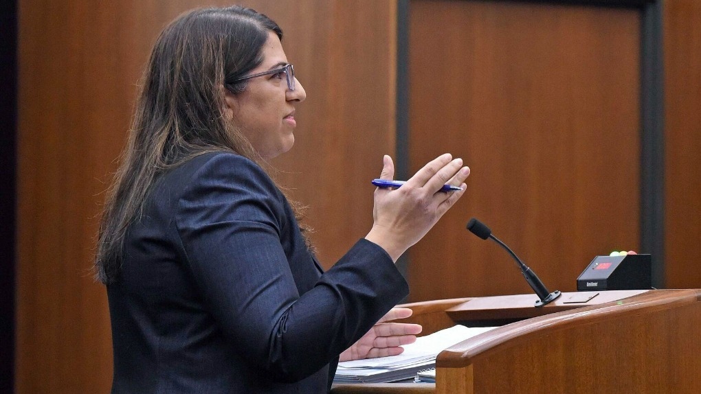 Meetra Mehdizadeh, staff attorney at the Center for Reproductive Rights, argues before the North Dakota Supreme Court on Tuesday, Nov. 29, 2022, in Bismarck, N.D. (Tom Stromme/The Bismarck Tribune via AP)