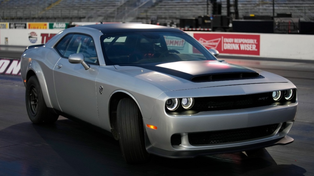 The 2023 Challenger SRT Demon 170 is on display during an event to unveil the car, March 20, 2023, in Las Vegas. (AP Photo/John Locher)