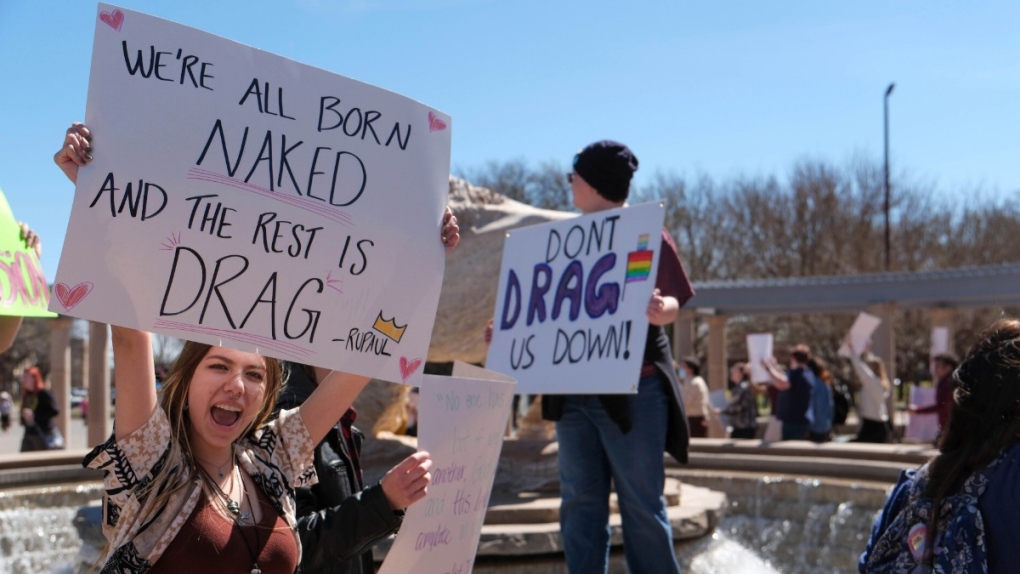 Protesting the university president's decision to cancel a drag show on campus, at West Texas A&M University in Canyon, Texas, on March 21, 2023. (Michael Cuviello / Amarillo Globe-News via AP) 
