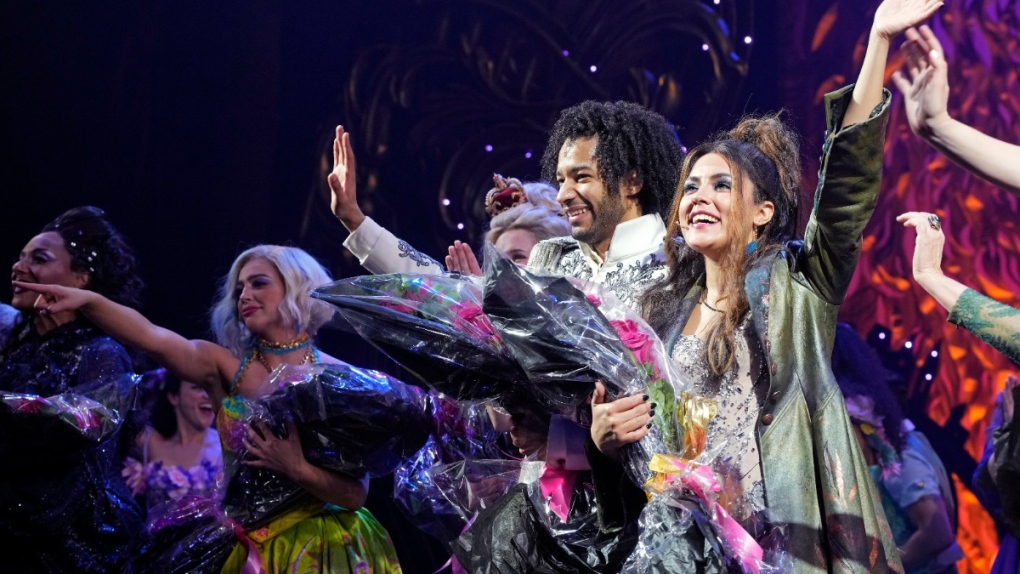 Linedy Genao, right, and Jordan Dobson appear at the curtain call for 'Bad Cinderella' on opening night at the Imperial Theatre in New York, on March 23, 2023. (Charles Sykes / Invision / AP) 