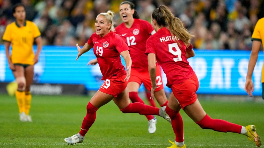 Canada's Adriana Leon celebrates with her teammates after scoring against Australia in a friendly match in Sydney, on Sept. 6, 2022. (Rick Rycroft / THE CANADIAN PRESS / AP)