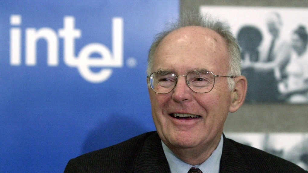 Gordon Moore, the legendary Intel Corp. co-founder who predicted the growth of the semiconductor industry, smiles during a news conference, May 24, 2001, in Santa Clara, Calif. (AP Photo/Ben Margot, File)
