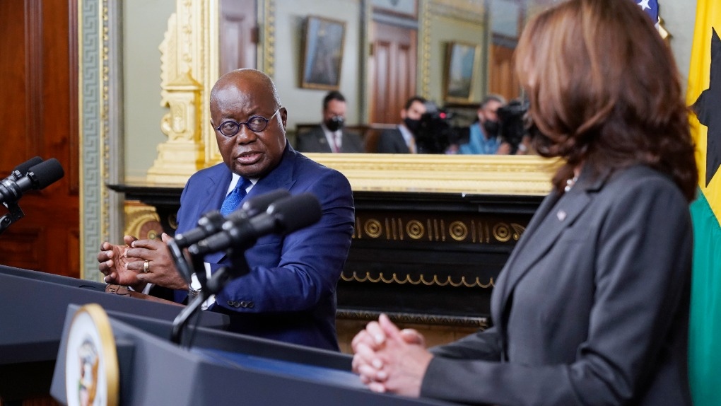 Vice President Kamala Harris meets with Ghana's President Nana Addo Dankwa Akufo-Addo, Sept. 23, 2021, in Harris' ceremonial office in the Eisenhower Executive Office Building on the White House complex in Washington. (AP Photo/Jacquelyn Martin, File)