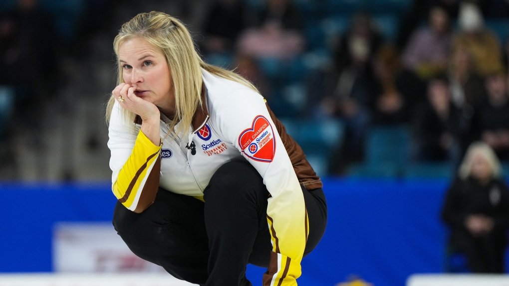 Manitoba skip Jennifer Jones watches her shot while playing Team Canada during the final at the Scotties Tournament of Hearts, in Kamloops, B.C., on Sunday, February 26, 2023. THE CANADIAN PRESS/Darryl Dyck